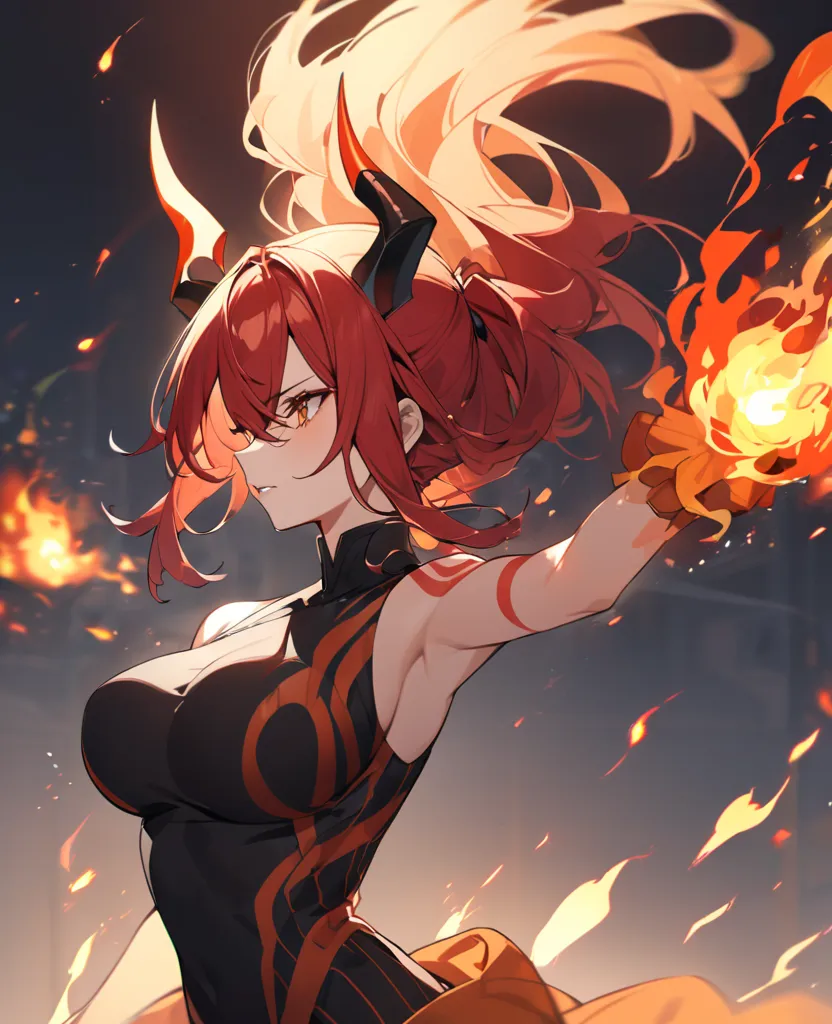 A woman, Red hair, black and orange horns, red markings on body, fire powers, busty, black top, sleeveless, Orange pinstripe, 