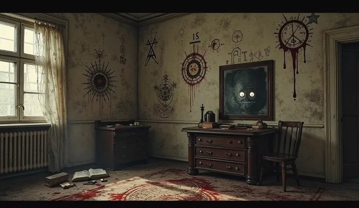 The interior of Alexander's apartment, its walls covered with arcane symbols drawn in charcoal, ink, and what appears to be dried blood. The symbols pulse faintly with a dark glow. Books lie scattered on the floor, and a cracked mirror reflects Alexander's...