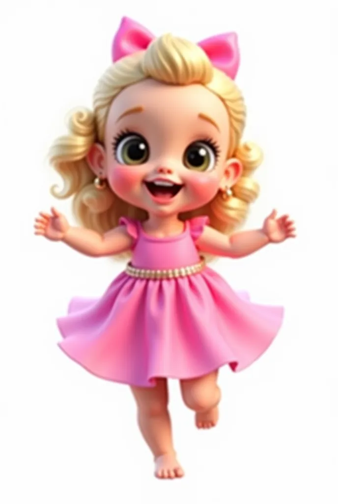 digital illustration of baby , Realistic, IMVU style, vivid image , (masterpiece, best quality:1.2),，barbie, Big eyes little pink dress with round glitter ,curly blond hair, pink ribbon in the hair, fly away ,  perfect , clear, central, white background, s...