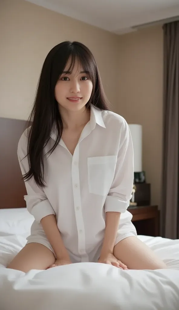 (((((Young girl:1.55))))),((( standing on all fours in bed:2.97))),(masterpiece,best quality:1.4),8k,RAWPHOTO,nsfw:1.4, detailed skin,詳細な毛穴,(Completely naked:1.55),(baby face), reality, hotel room、smile、(((oversized white shirt:1.42))),, Full Body Portrait...