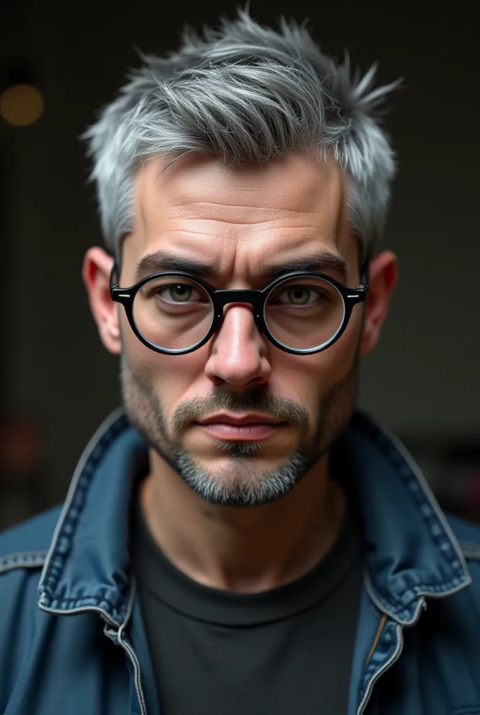 Character short hair shaved gray,  casual clothes,  round glasses,  small beard, one gray eye the other brown 