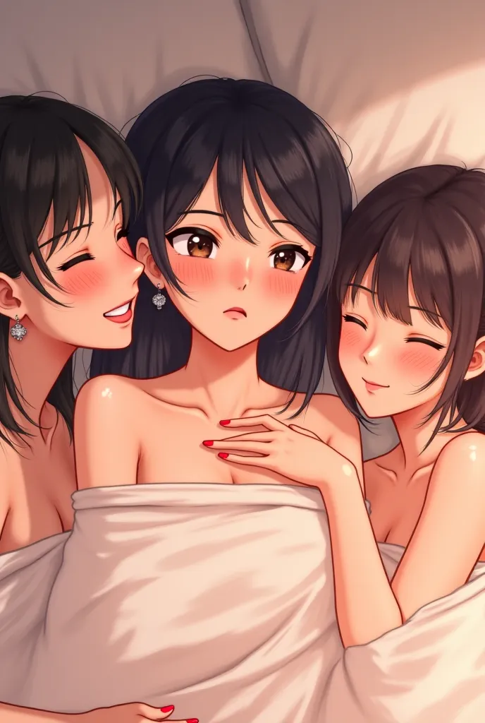 Character：Three women，分別是Xiao Mei、Xiaoling和Lesser。
Xiao Mei：Cheek blush、Microtremor、Eyes are confused、fingers Tightly Grab Bed Sheet。
Xiaoling：gentle、Soothing smile、Gentle tone、Soothing motion，Fingertip Touch Bed Sheet。
Lesser：cheeks flushed、tremble、respit...