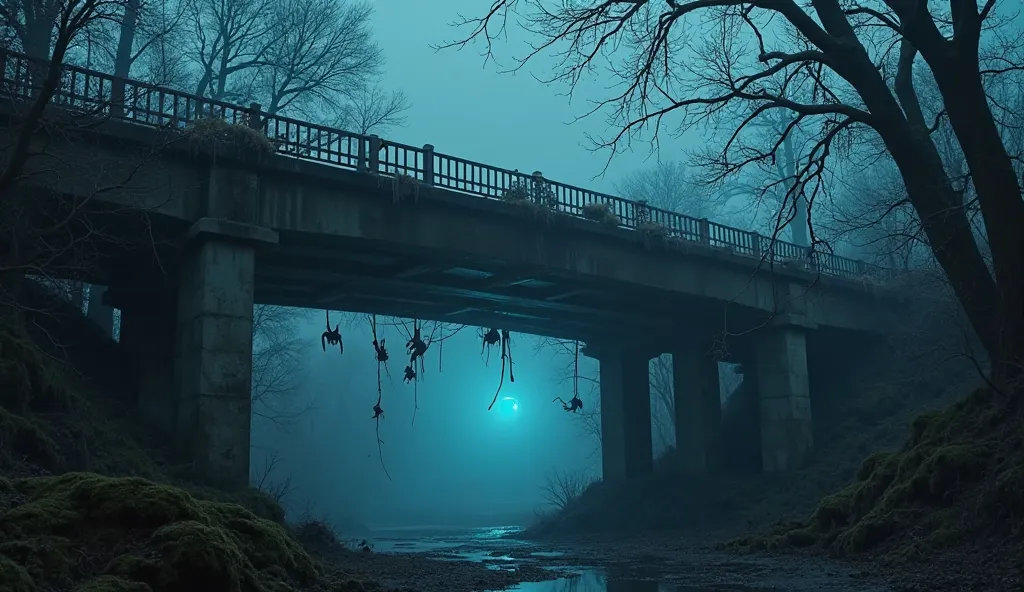 The ominous bridge in the dead of night, partially veiled in fog. Dark veins run through the concrete, pulsing faintly with a sickly blue glow. The entrance to the bridge is framed by twisted trees, their branches reaching like claws. Dead rabbits hang ben...