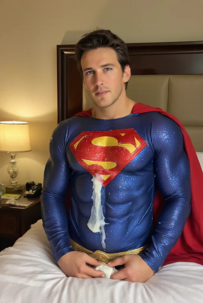 Hotel, bedroom, a handsome man, blue eyes, he is wearing a superman costume is feeling orgasm, (his superman costume is a damp full body costume:1.4). his uncle is muscular, he has nice bulge, uncle has a big dick. the uncle feels painful exhaustion and hi...