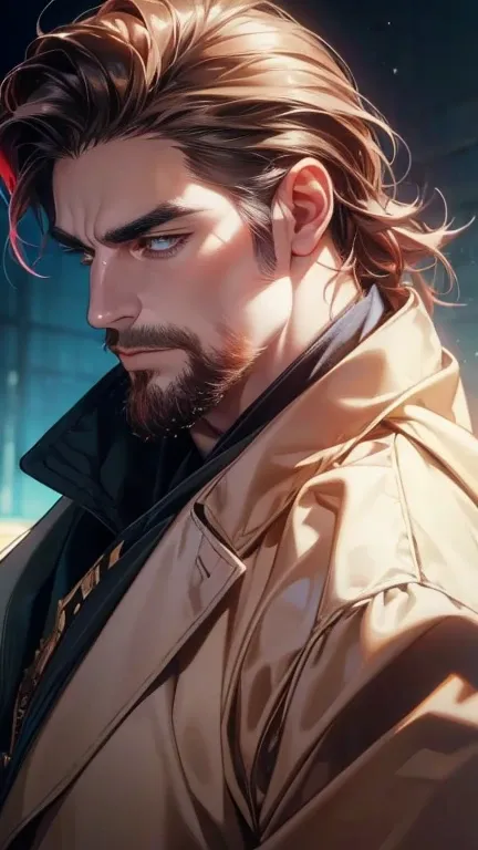 (   best quality,4K,8k,   highres,   masterpiece :1.2),   breasts   ,(Realistic,photoRealistic,photo-Realistic:1.37),36-year-old man,3 day beard,Beautiful anime,Portraits,strong,masculine,    with dark hair  ,sharp jaw,  mesmerizing golden eyes  ,   perfec...