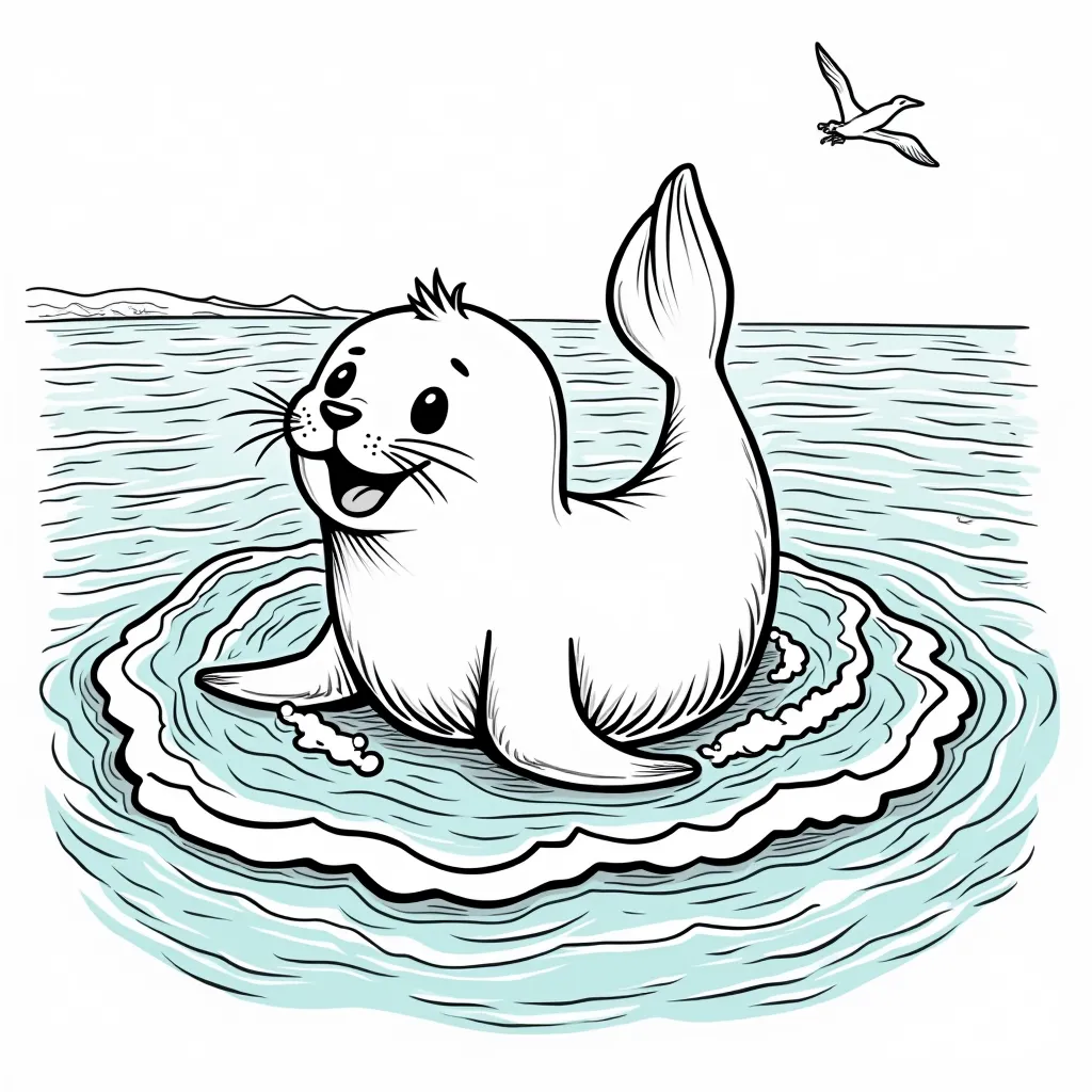 Cute baby sea lion playing in the waves coloring page, bold black outlines