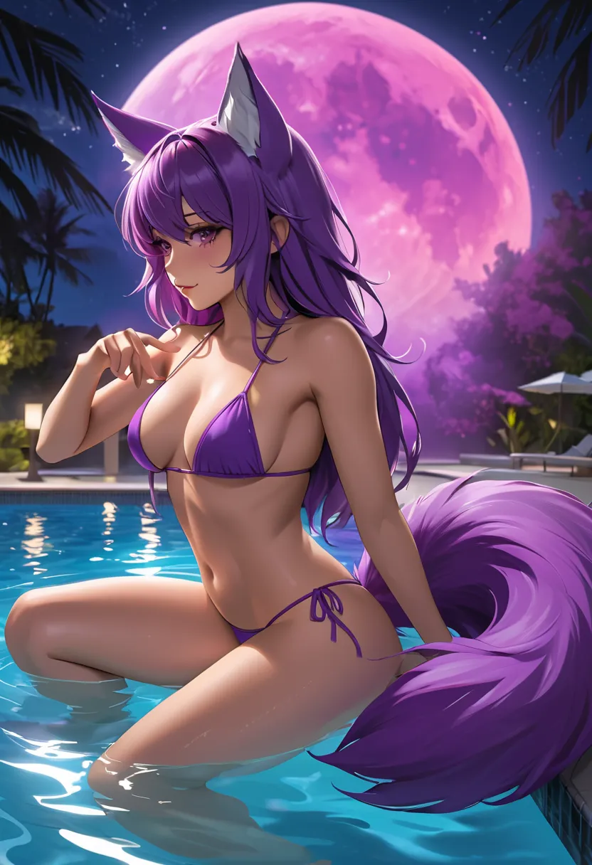 Girl with a Fox tail, she has a LGBT colored bikini, a Big purple Fox tail, she is in the pool under the Moonlight, she has a sensual expresión in her face