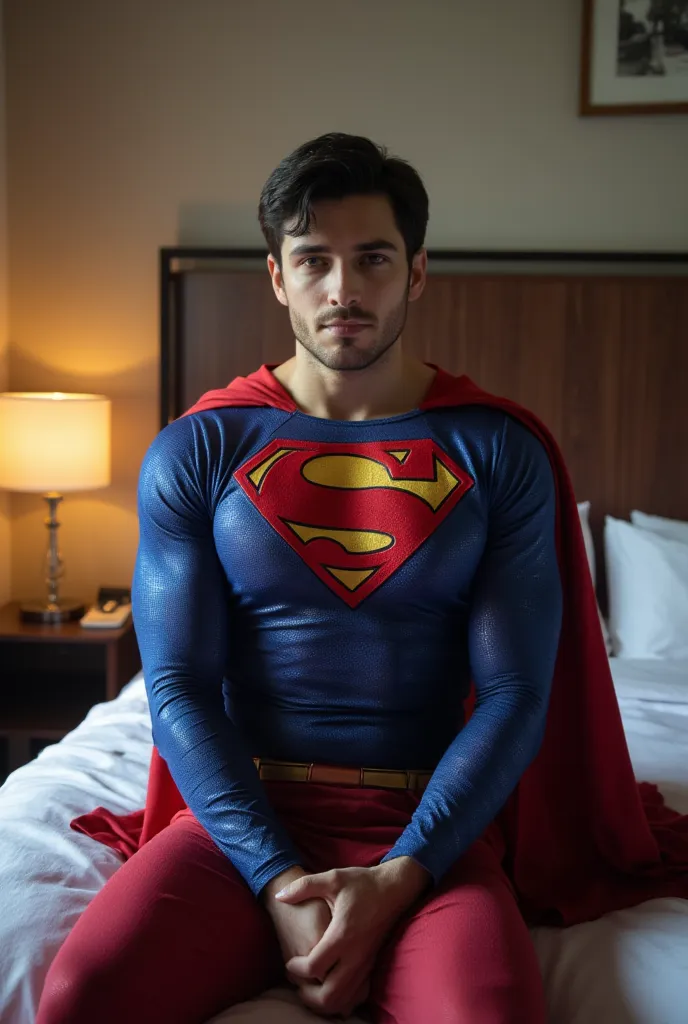 Hotel, bedroom, a handsome man, blue eyes, he is wearing a superman costume is feeling orgasm, (his superman costume is a damp full body costume:1.4). his uncle is muscular, he has nice bulge, uncle has a big dick. the uncle feels painful exhaustion and hi...