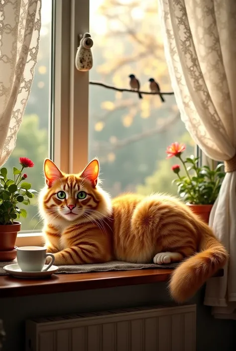 A fluffy orange tabby cat with bright green eyes stretches on a cozy windowsill, the morning sunlight streaming through white lace curtains. Its striped tail curls slightly, and a small white patch on its chest catches the light. The room is warm and invit...