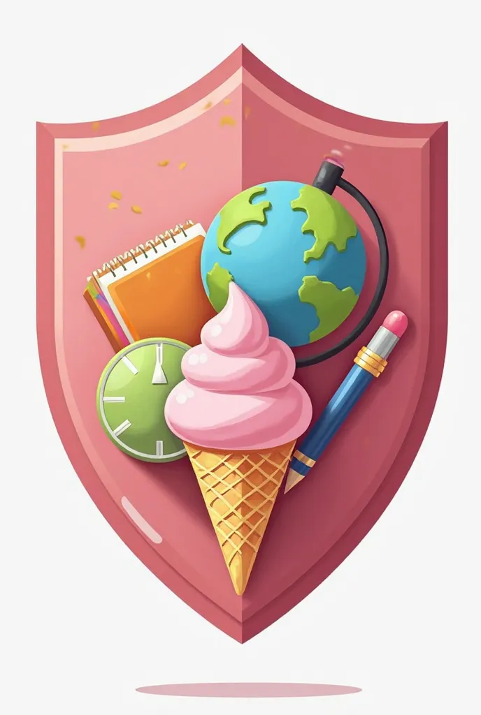 I need a shield, it should include an element that is used in a school such as notebooks or books, It should contain a globe with its original colors, It should include a family, An ice cream cone, All elements must be within the shield, Subtly incorporate...