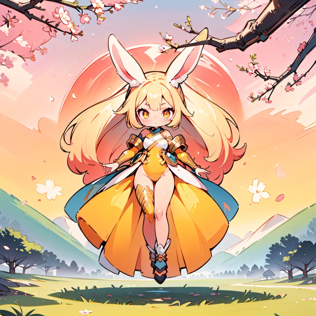 A rabbit-like person,   cute rabbit woman, alone, little, Transform, biceps,   full body view,   Focus on Ears, Spring background with cherry blossom trees, Hand-drawn illustrations.