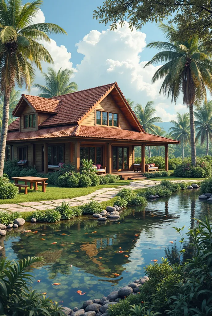 A place with a large house with porches, with a table on one side of the porches and on the other a car in the front near the door I want two stools, at the entrance I want a garden with a pond and fish and in the background I want a enclosure to separate ...