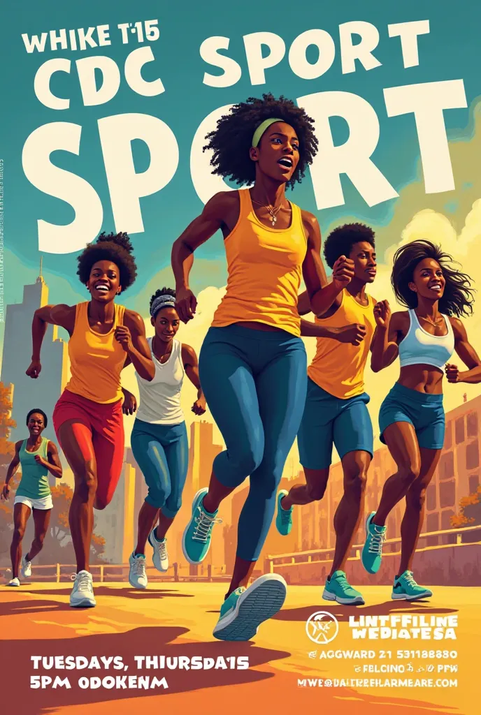 Fais moi une affiche ecrit "CDC sport" cardio chaque mardi et jeudi à partir de 17h jusqu'à 18h, puis des africains entrain de faire du sport, fais moi cette affiche svp