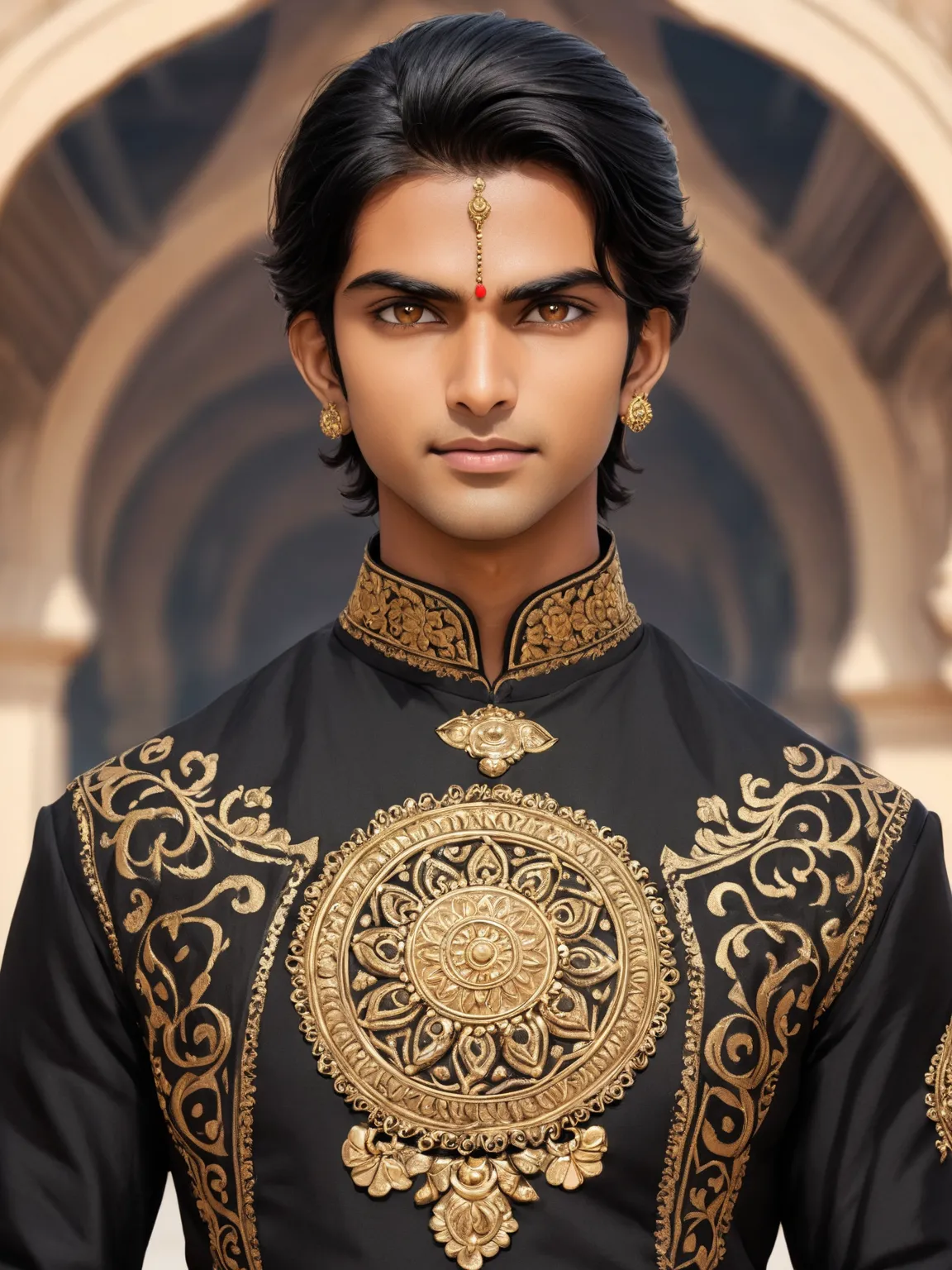 Amit, Amrit's older twin brother, has light brown eyes, short straight black hair and skin tanned by the sun and tempered by training, wearing a black Indian kurta with gold carvings and engravings.