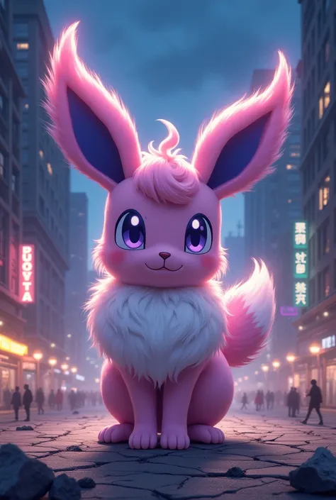 Eeveelution,Sylveon,A huge,fluffy Sylveon,as tall as the surrounding skyscrapers,stands in the center of a bustling city under the night sky. She has a sweet and cute expression,tilting her head slightly with large purple eyes sparkling playfully,as if mak...