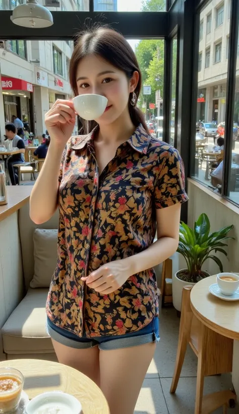 Girl in shorts in luxury cafe