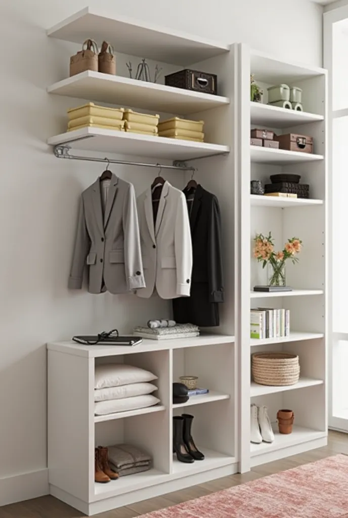 Act as if it were shelves only with hooks on the wall.         Luggage width - 3m
Height - 2,20
Shoe rack - 30 cm
2 Shelves blouse - 88cm
Clothed wardrobe - 1,76
Book Shelves - 4 of 35cm × 36cm and 2 of 40cm X 36cm