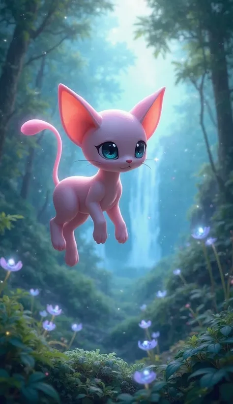 A highly detailed, realistic depiction of Mew, a small, pink, cat-like Pokémon with large, expressive eyes and an ethereal, floating posture. Its smooth, almost translucent skin shimmers softly, reflecting the gentle light around it. Mew hovers gracefully ...