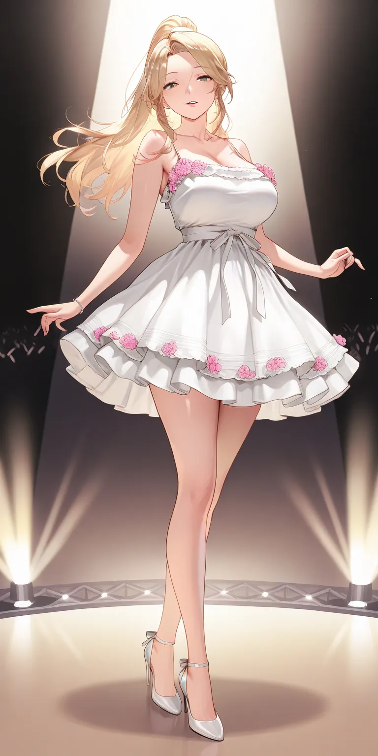 Masterpiece, newest, vibrant, very aesthetic, mature female, housewife, Blonde hair, high ponytail long hair, white spaghetti strap mini housedress (pink floral motif), white strappy high heels, full body, parted lips, smile, milf, singing on the stage, so...