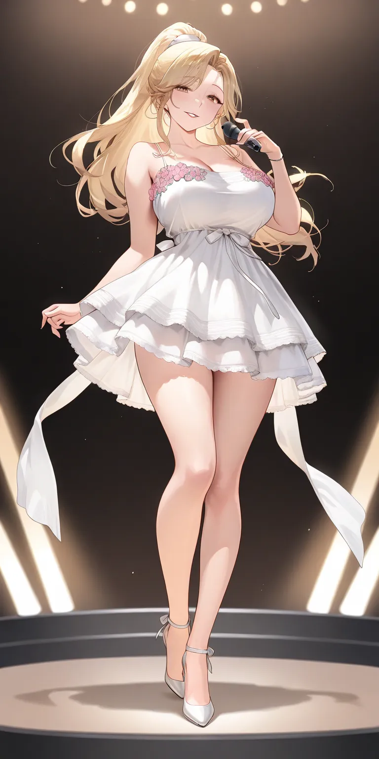 Masterpiece, newest, vibrant, very aesthetic, mature female, housewife, Blonde hair, high ponytail long hair, white spaghetti strap mini housedress (pink floral motif), white strappy high heels, full body, parted lips, smile, milf, singing on the stage, so...