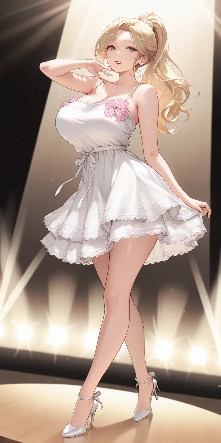 Masterpiece, newest, vibrant, very aesthetic, mature female, housewife, Blonde hair, high ponytail long hair, white spaghetti strap mini housedress (pink floral motif), white strappy high heels, full body, parted lips, smile, milf, singing on the stage, so...