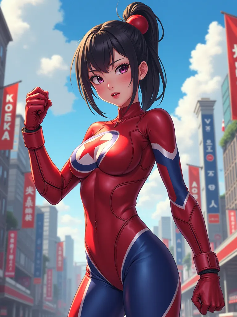 North Korea국기, superhero,  cute girl, Tight Bodysuit, pretty face, Nice body , city, North Korea국기가 들어간 Tight Bodysuit, anime, North Korea, Korean girl