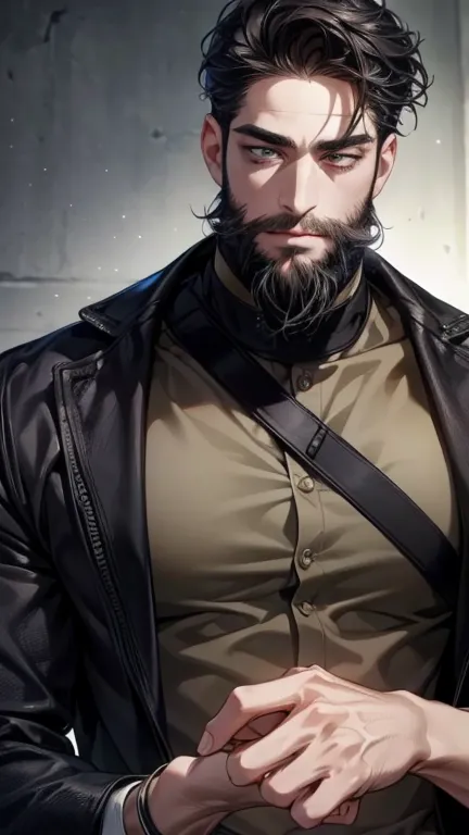 (best quality,4K,8k,highres,masterpiece:1.2),breasts,(Realistic,photoRealistic,photo-Realistic:1.37),36-year-old man,3 day beard,cute anime ,Portraits,strong,masculine,  dark hair,sharp jaw,  mesmerizing eyes  ,  perfectly styled hair,  cool anime outfit,c...