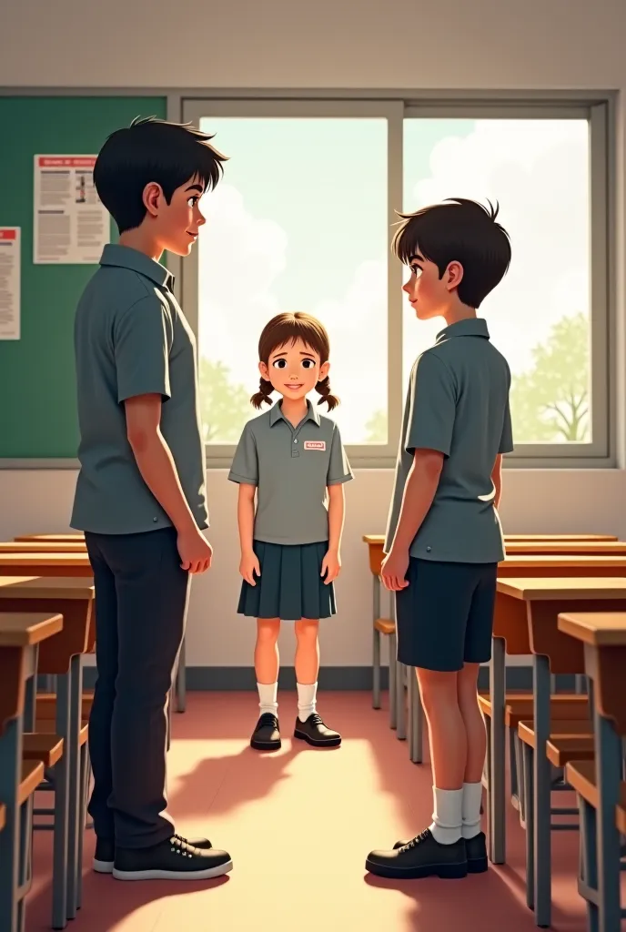 Two boy students standing infront of teachers 