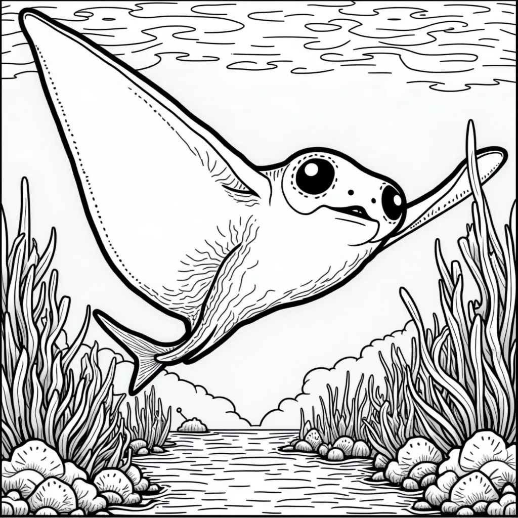 Friendly manta ray flying through the water coloring page, bold black outlines