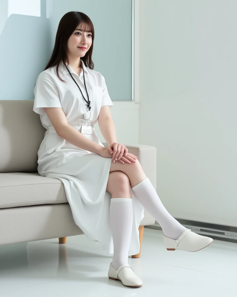 (    photorealism   :1.2)、 full body portrait 、Smelling white rich high school socks 。  beautiful日本人モデル、39;  thick legs、  woman  、39;    Nurse uniform     、   business files、I'm hanging a security card from my neck　white nurse sandal shoes、smile、Bench on t...