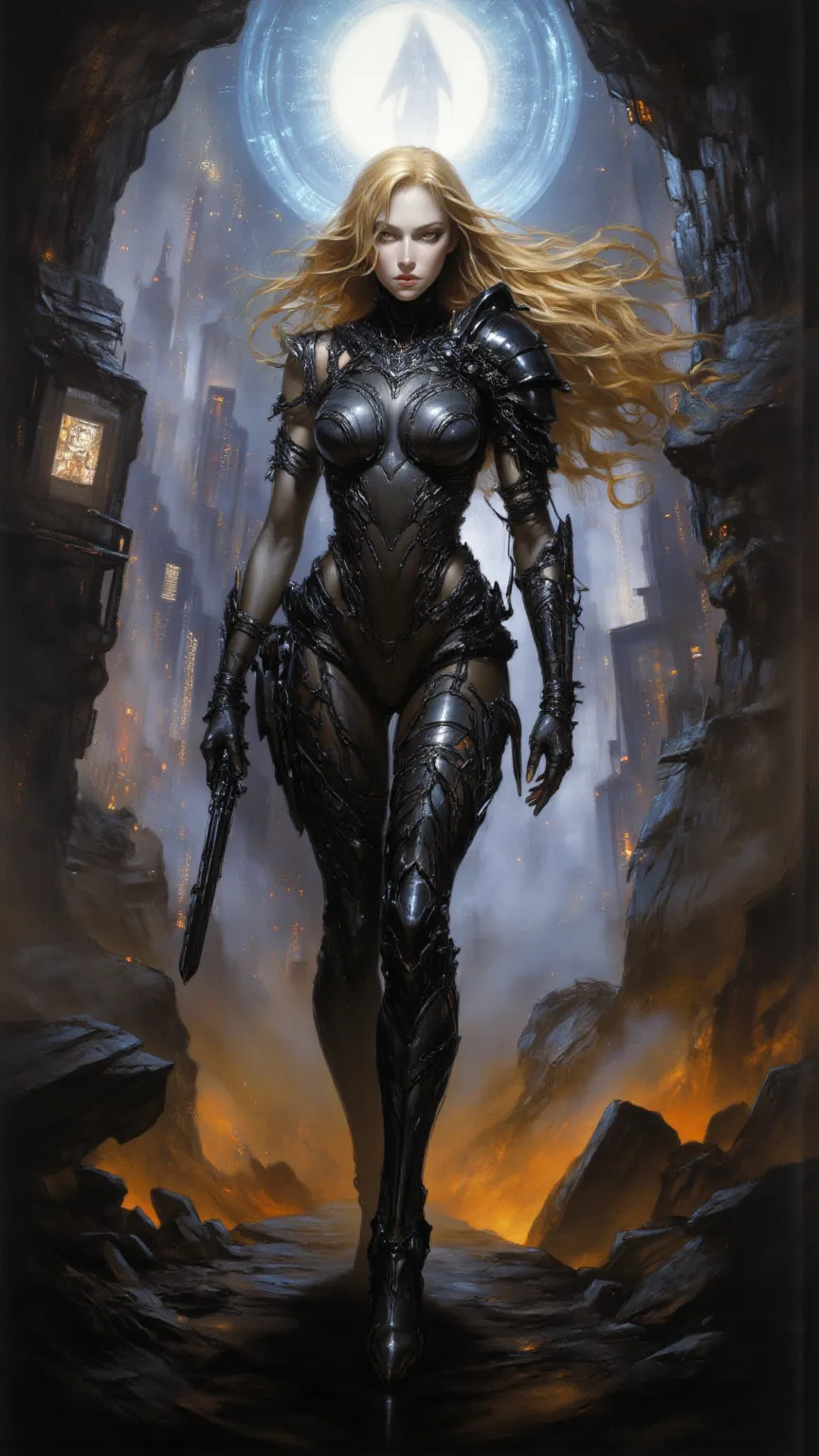 full body, full body拍摄，Cyberpunk women，horror art ，sci-fi，armor，sexy，long golden hair