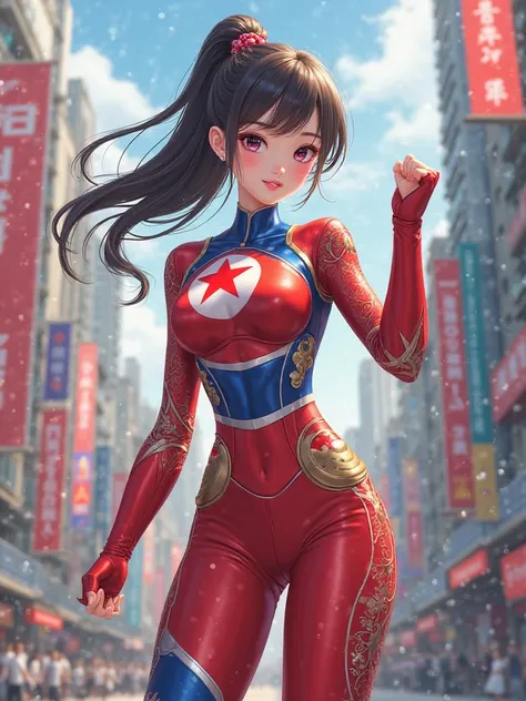 North Korea국기, superhero,  cute girl, Tight Bodysuit, pretty face, Nice body , city, North Korea국기가 들어간 Tight Bodysuit, anime, North Korea, Korean girl