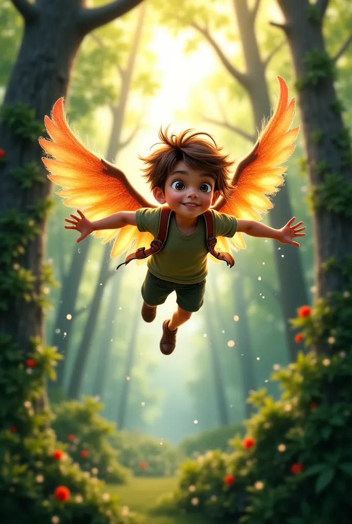 The boy fly the forest 