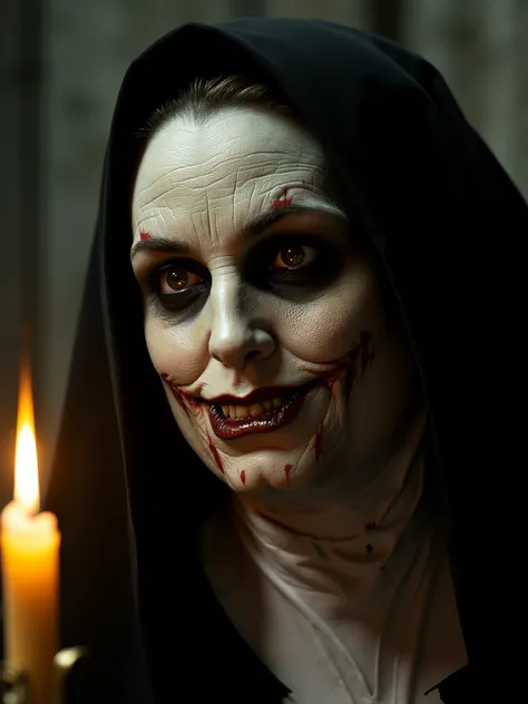 1. Extreme Close-Up Horror Portrait:
A terrifying ultra-realistic close-up portrait of The Nun, her pale, cracked skin revealing deep wrinkles and dark veins, hollow piercing eyes glowing faintly, blackened lips slightly parted revealing sharp, decayed tee...