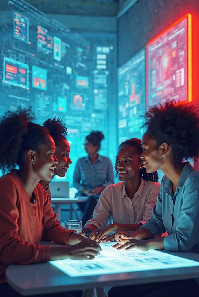 Image de femmes africaines travaillant ensemble sur un projet digital, devant des écrans, en brainstorming, en réunion créative. Le tout dans un flyer de couleur bleu ciel et rouge