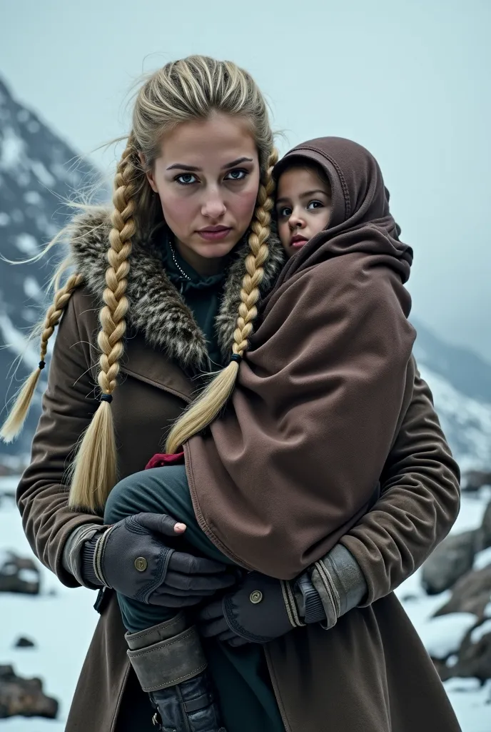 A woman with two blonde braids and a fur coat carries another woman wrapped in a brown cape on her shoulder 