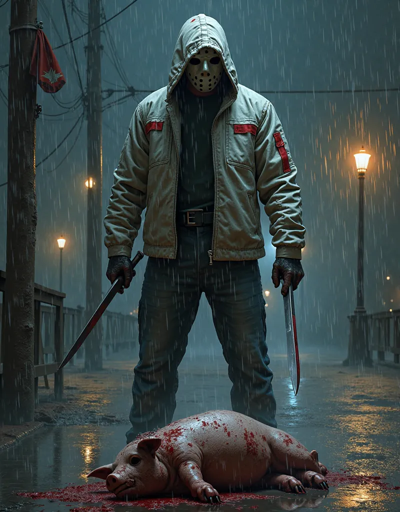 (photorealism:2.0), Jason Voorhees wearing white jacket with red and black stripes, with a large knife hitting a dead pig on the ground , Night rain rays reflection on the ground 