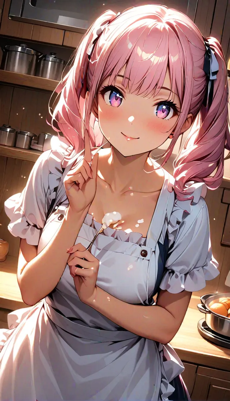 making sweets in a warm kitchen Her、A beautiful anime-style girl 。and appliances with modern designs are also arranged There、hair is loosely braided with twin tails、she has a slightly devilish smile。has a realistic texture where the cream seems to drip sli...