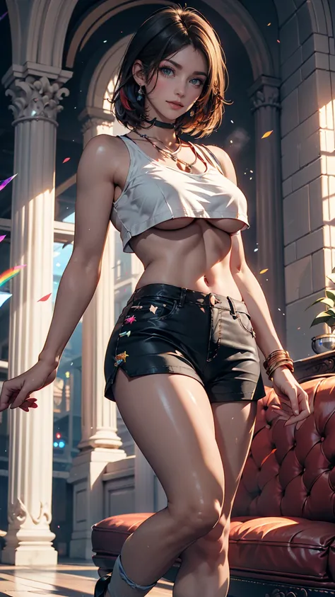 (highly detailed CG unity 8K wallpaper),(masterpiece), (best quality), (super detailed), ( best illustration),(best shadow), (Sharp eyeliner, 黒いeyeshadow, detailed eyes:1.1),  、 24-year-old White Woman 、long eyelashes、eyeshadow、lip gloss、 Rainbow （rainbow）...