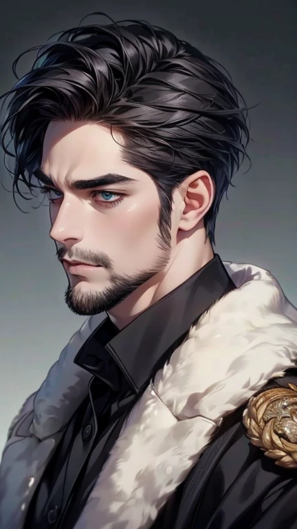 (best quality,4K,8k,highres,masterpiece:1.2),breasts,(Realistic,photoRealistic,photo-Realistic:1.37),36-year-old man,3 day beard,cute anime ,Portraits,strong,masculine,  dark hair,sharp jaw,  mesmerizing eyes  ,  perfectly styled hair,  cool anime outfit,c...