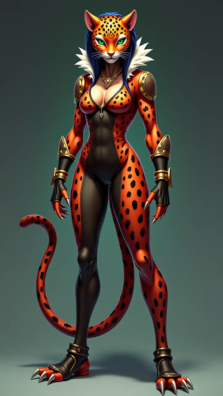 Zafira


Appearance

Humanoid anthropomorphic Jaguar: A sleek, powerful physique covered in rosette-patterned fur, built for both speed and raw strength.

Face: A perfect blend of feline and  beauty—high cheekbones, sharp but alluring eyes, and full lips w...