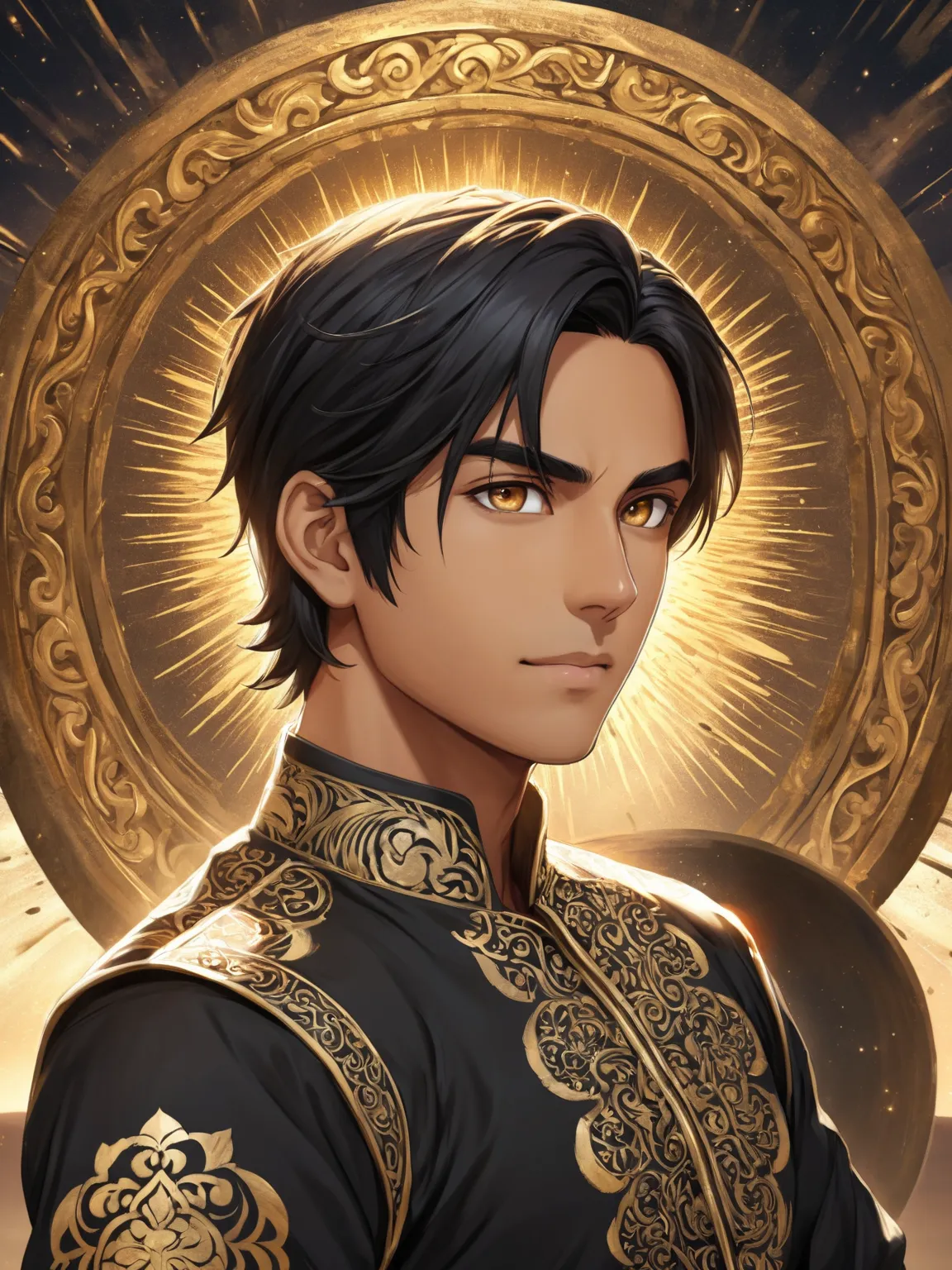 Amit, Amrit's older twin brother, has light brown eyes, short straight black hair and skin tanned by the sun and tempered by martial training, wearing a black Indian kurta with gold carvings and engravings. Anime style