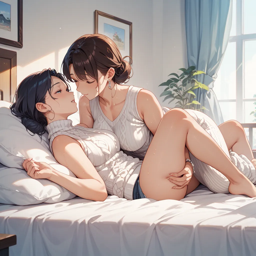 white knit,anime,sleeveless,成white knit,anime,sleeveless,mature woman,Lesbian,on the bed熟した女性,Lesbian,on the bed,full body,is sweaty