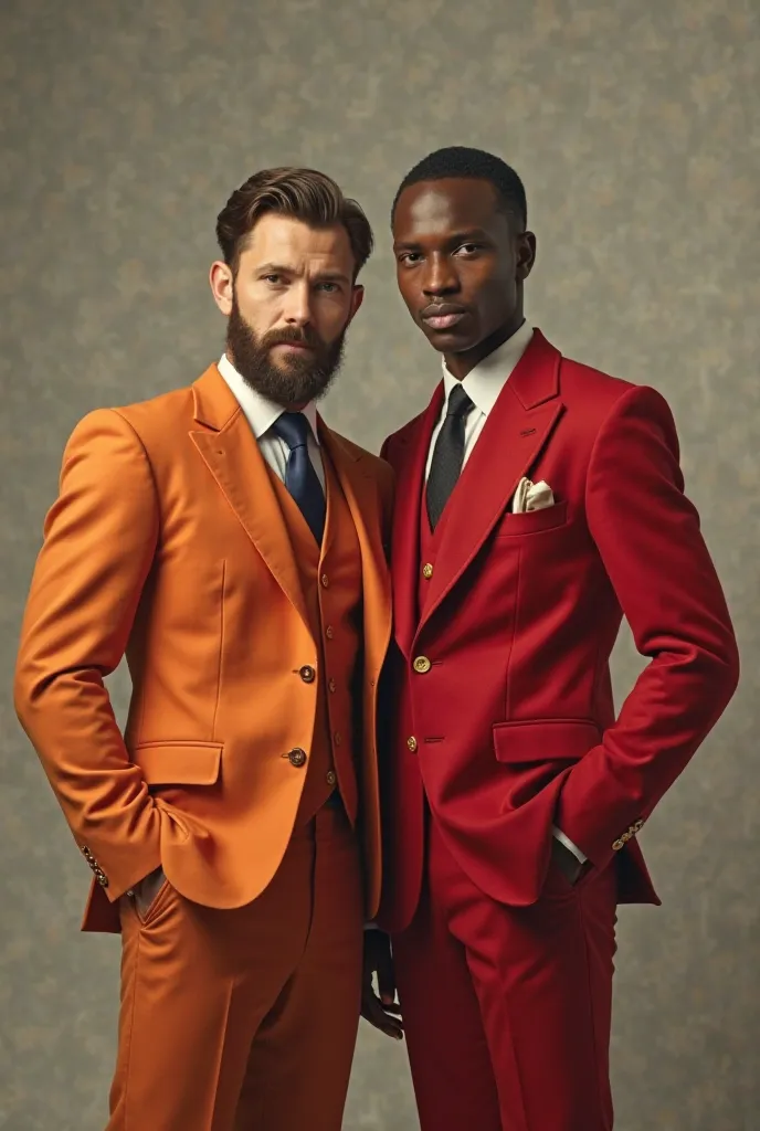 An old photo of a young, bearded white man in a formal orange suit and his friend, a black young man with shaved beard in a formal red suit. Realistic 1940's photo. 