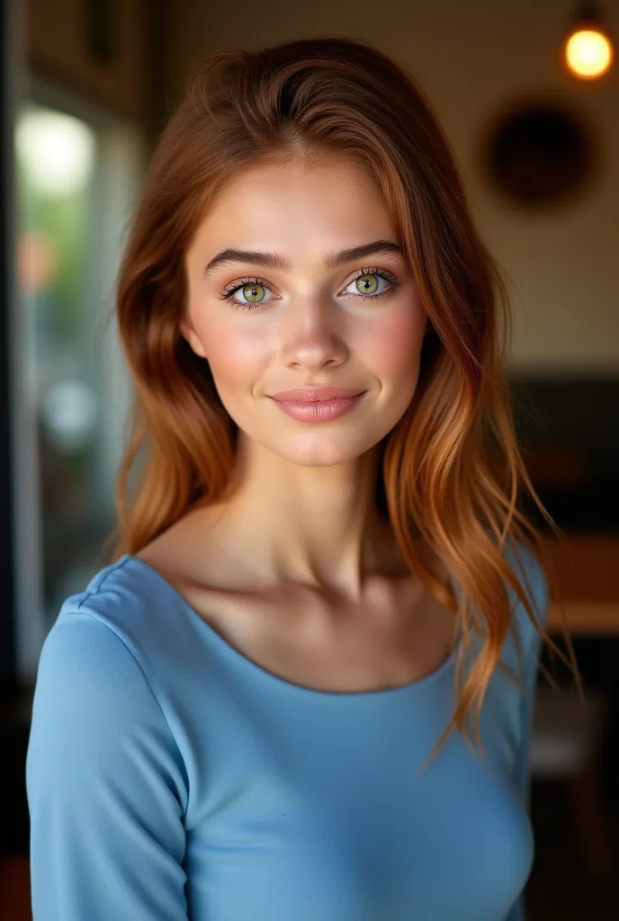 photo of a woman with green eyes, with her hair cascading over her shoulders. She is standing in a cafe, wearing a modest boatneck blue dress. She is looking at the viewer and smiling.