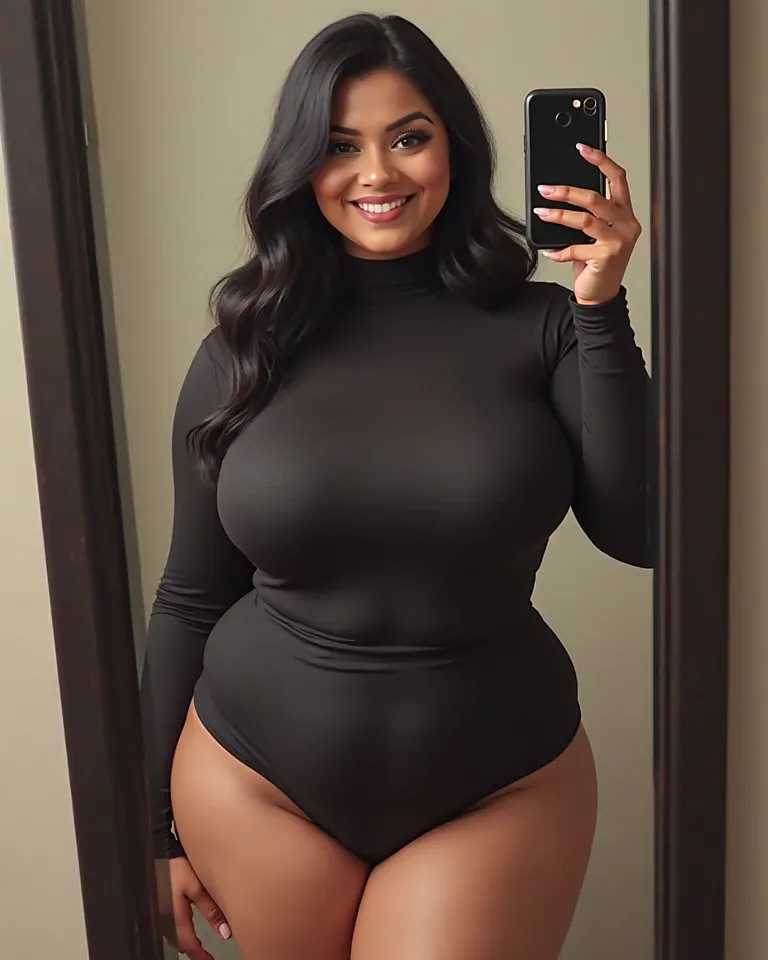 Create of a woman (Ultra-realistic), (Black hair), (Plus Size), (Lots of hips and thighs), (Striking look), (Sensual smile), (Clothes like turtleneck and miniskirt), (She has her cell phone in her hand taking a photo in front of the mirror).