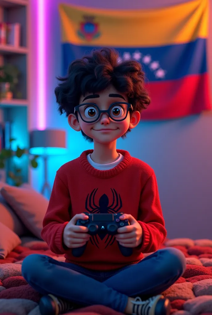 Cardboard-style image of a 25-year-old black-haired boy , messy curlers,  slim build,wearing a Spiderman sweater and glasses ,holding a PS4 controller and a background of a gamer room with RGB lights and a Venezuelan flag behind