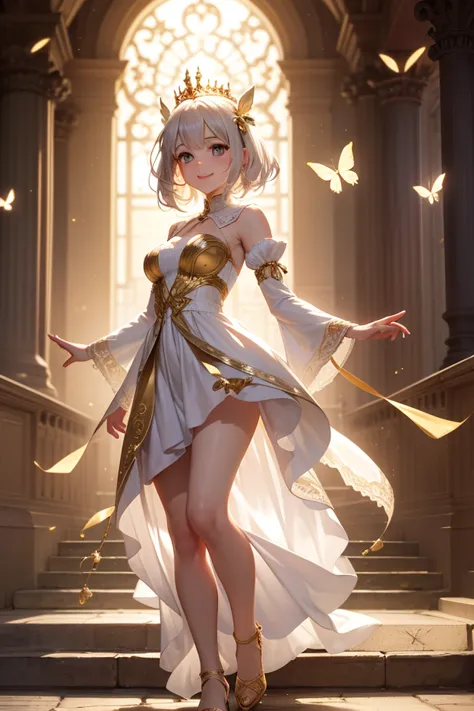 A lively and adorable anime girl with bright, sparkling eyes full of innocence and an infectious smile, radiating pure joy. Her fair skin has a translucent, porcelain-like glow, making her appear almost angelic under the warm golden sunlight. Her silky, sh...