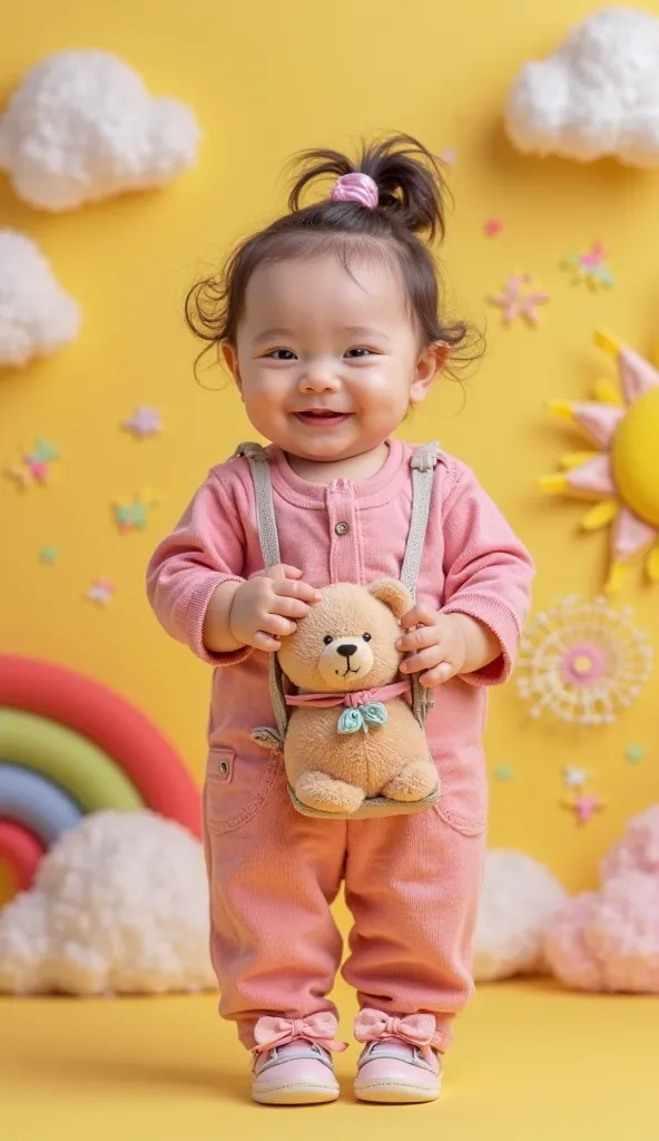 "A small one, lovely,  The smiling woman wears a pink jumpsuit decorated with little brown bears in her bags. The baby wears shoes matching small bows and is in a fun pastel yellow setting with a rainbow and a sun. The atmosphere exudes joy and tenderness,...