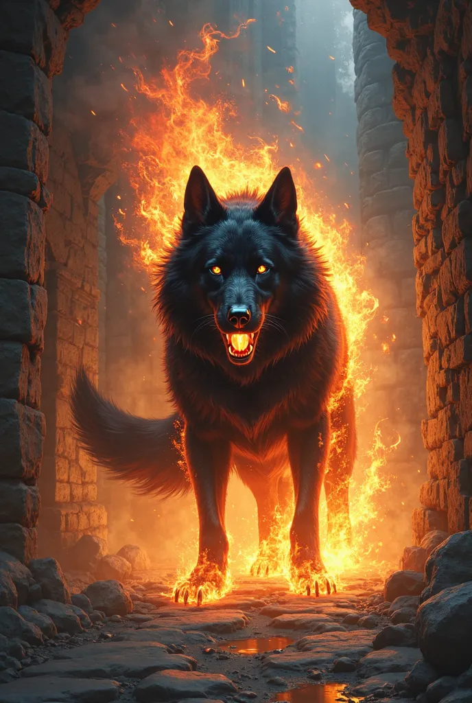 Black dog, spitting flames, heroic fantasy style. It has a wind drawing on its body. It is located in the corridor of a castle